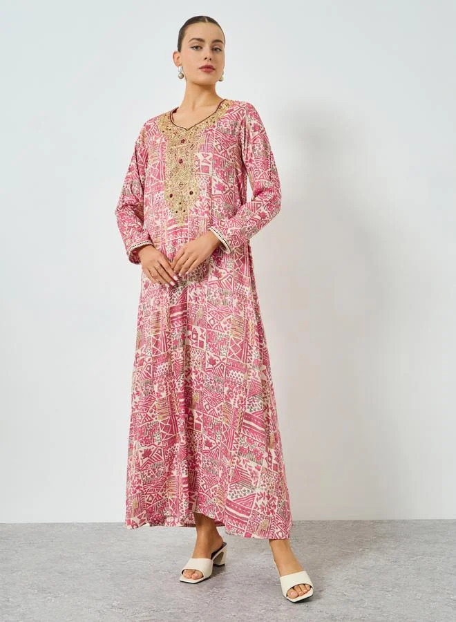 Maxim Creation  Pink Printed Embroidered A-Line Jalabiya for Women | Best Price UAE
